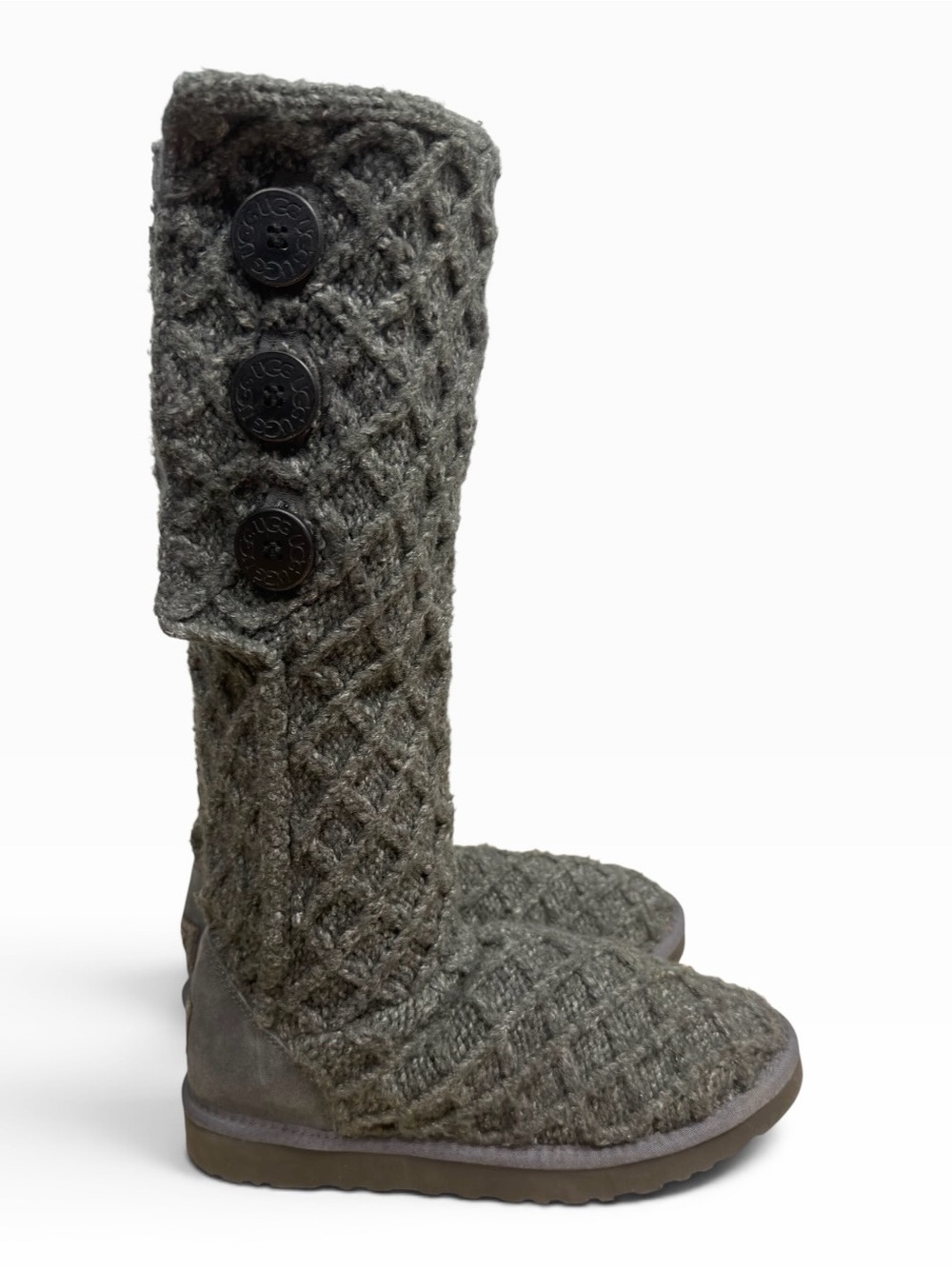 UGG Lattice Cardy Gray Knit Tall Boots Women US 10 UK 8.5 Button Sweater Winter